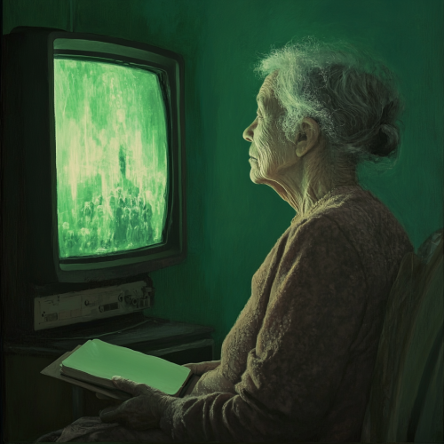Elderly woman with green monitor reflection\n Elderly woman with green monitor reflection\n